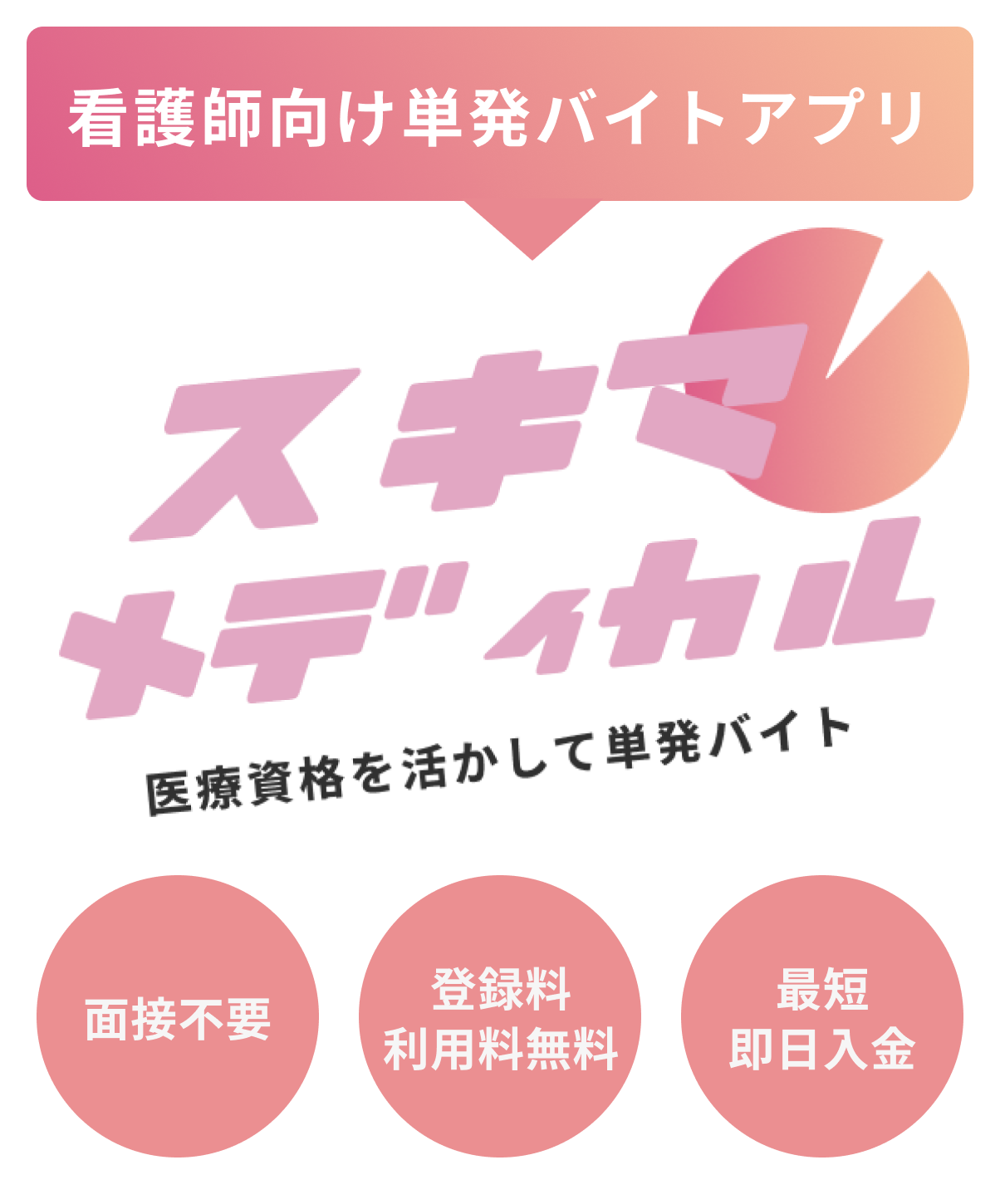 看護師向け単発バイトアプリ スキマメディカル 医療資格を活かして単発バイト 面接不要 登録料利用料無料 最短即日入金